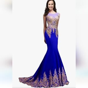 Nwt Rongstore  Royal Blue/Purple Embroidered Lace Illusion Neckline Gown w/Train